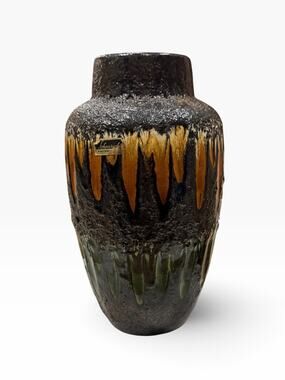 West German Scheurich 549-21 Lora Fat Lava Vase Black, Golden Brown Green Glaze